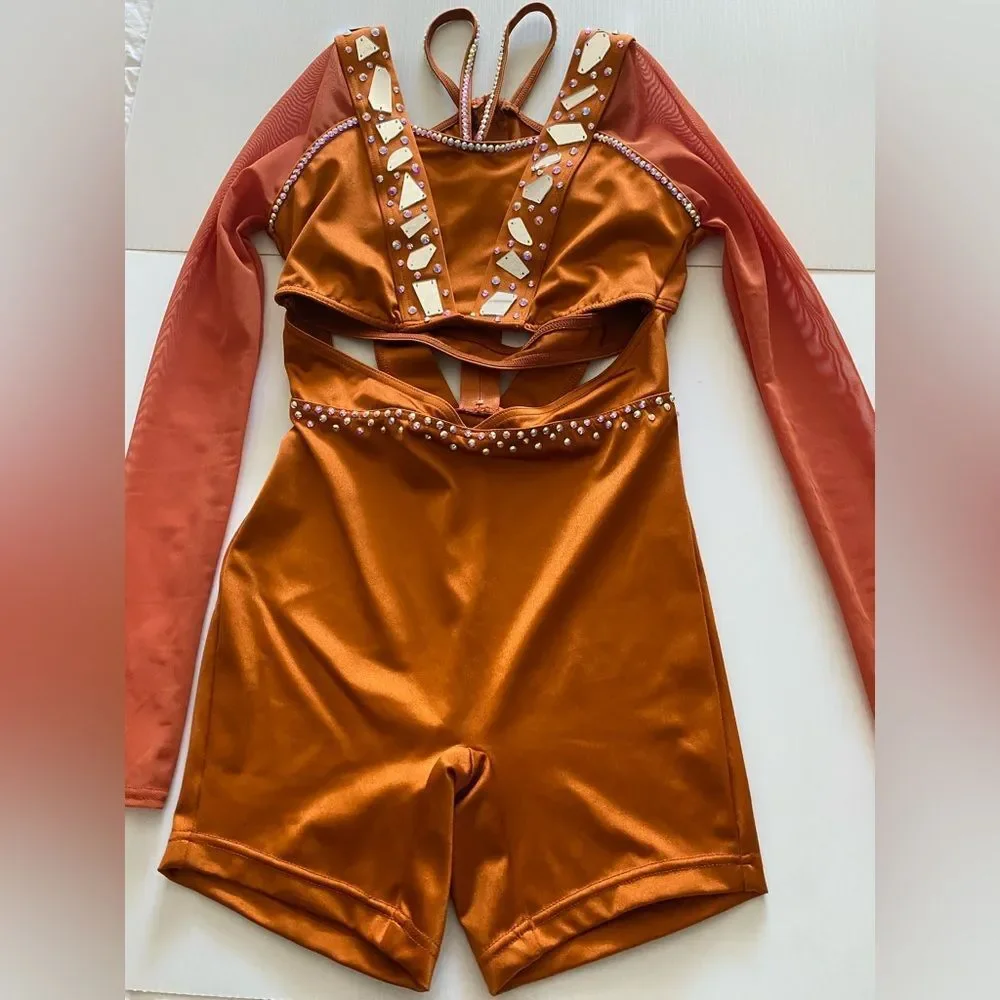 Weissman solo custom rhinestone dance costume orange Baba O'Riley 15845 MC child - Picture 5 of 15